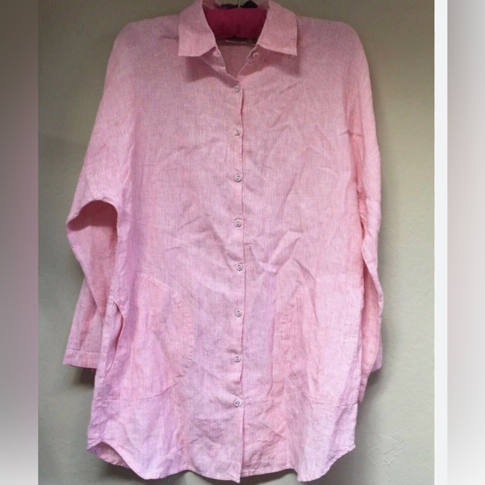 Chico's Womens Sz 0 Button Up Roll Sleeve Striped Linen Tunic Pink Pockets - Picture 1 of 5